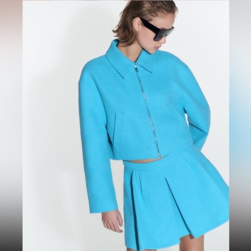 Zara jacket women's small bomber blazer turquoise blue‎ tweed textured NWT - Picture 5 of 14
